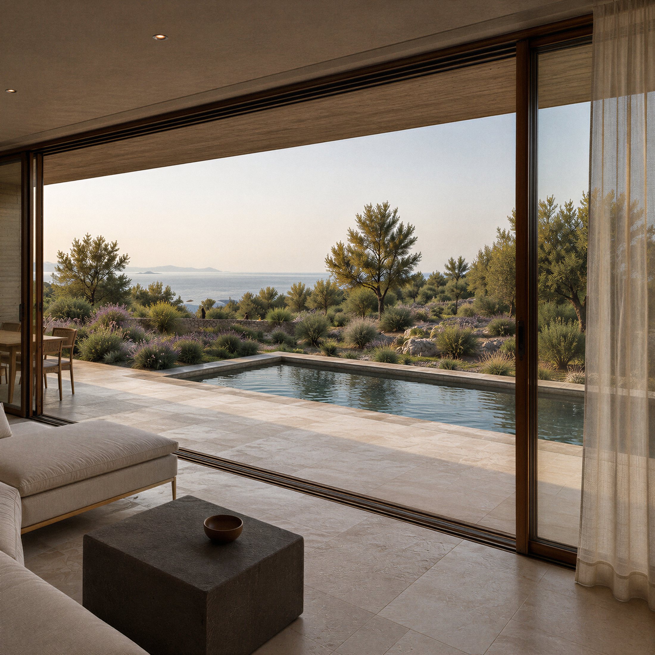 Ada Villa, iç mekândan havuz ve deniz manzarası