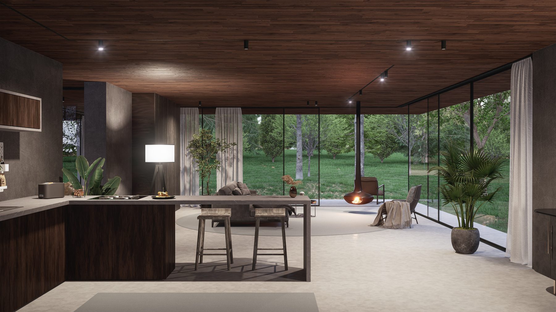 F House mutfak ve oturma alanı
